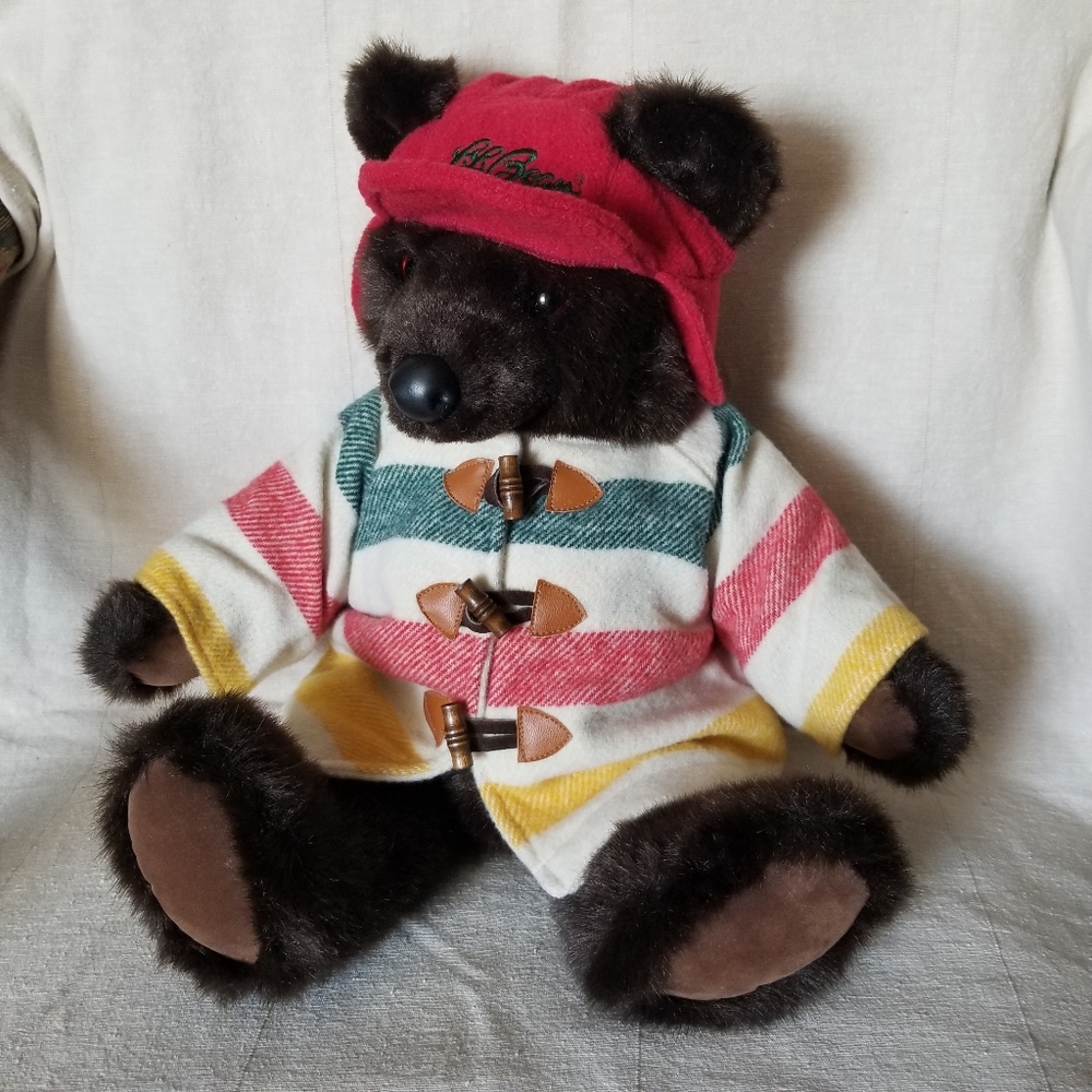 LL Bean Bear Striped Hudson Bay Trapper Coat Red Hat Jointed Teddy Camping Plush